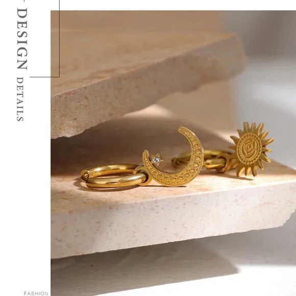 New 18K Gold Plated Diamond Moon Star Huggie Hoop Earrings - Picture 7 of 9